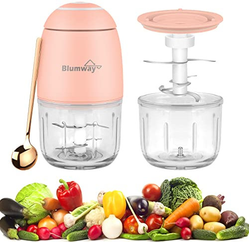 BlumWay 300ML Mini hachoir électrique, 60W hachoir à ail sans fil, mixeur d'ail pour légumes, fruits, oignons, chili, viande, salade, nourriture pour bébé, récipient en verre (Rose)