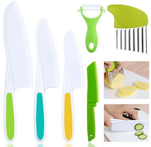HOTUT Set di 6 Coltelli da Cucina per Bambini, 4 Pezzi Coltello Da Frutta Per Bambini e Coltello in Legno e Coltelli per Patate, Set Di Coltelli Da Cucina Per Bambini per Tagliare Frutta o Verdura