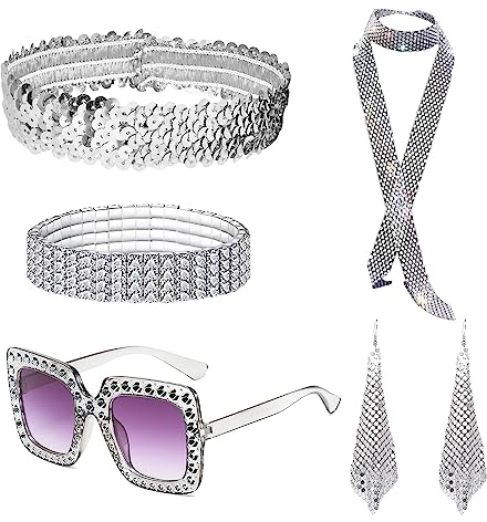 MIVAIUN 6 piezas accesorios discoteca conjunto de disfraz de discoteca, bufanda lentejuelas, pendientes, marco gafas sol, pulsera y diadema para mujer para discoteca años 70/80