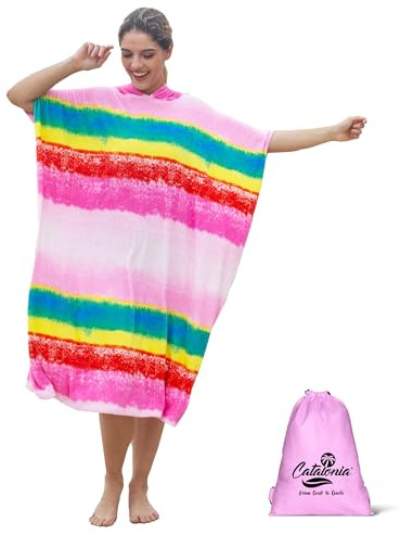 Catalonia Absorbent Surf Poncho Men Women, Quick Dry Towel Changing Poncho, Hooded Towel Poncho Adult, Changing Robe for Beach Surfing Swimming, Rainbow
