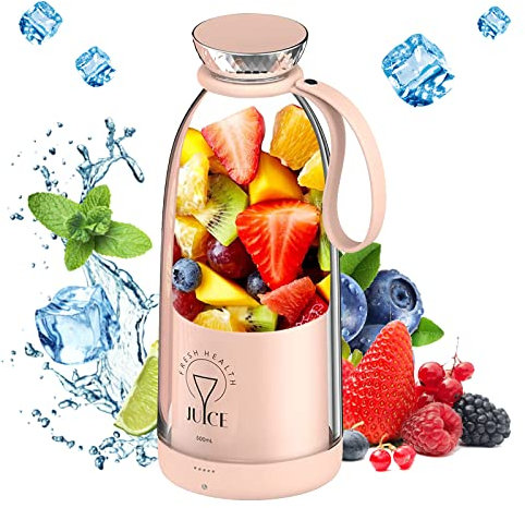 Mixer Smoothie Maker Spremiagrumi Portatile, Frullatore Elettrico con 6 Lame in Acciaio Inox, 16.9oz/500ml, Ricarica USB, Adatto per I Viaggi, La Palestra, L'ufficio e Gli Sport All'aperto (Rosa)