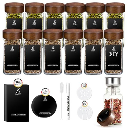 SAEIV Umweltfreundlicher Kappen aus Akazienholz Gewürzgläser Eckig -Set | 12 Gewürzdosen Mit Gewürzetiketten | Perfekte Organisation Küche Gewürz Organizer | 120ml Gewürzbehälter aus Glas