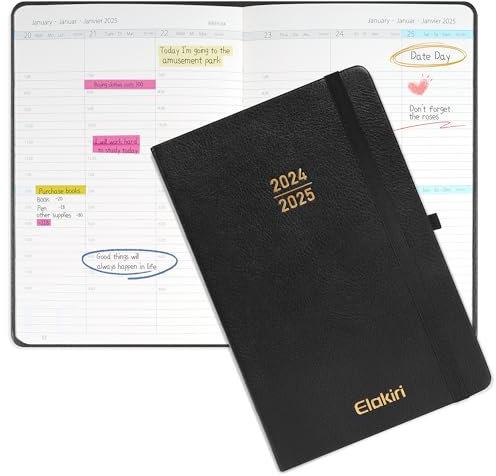 Kalender 2025 Buchkalender A5 1 Woche 2 Seiten,Terminplaner 2025 (Oct.2024-Dez.2025) mit 100 g/m² Papier,Planer 2024/2025 mit PU-Leder Hardcover für Schulplaner,Terminkalender (TJ-Schwarz)