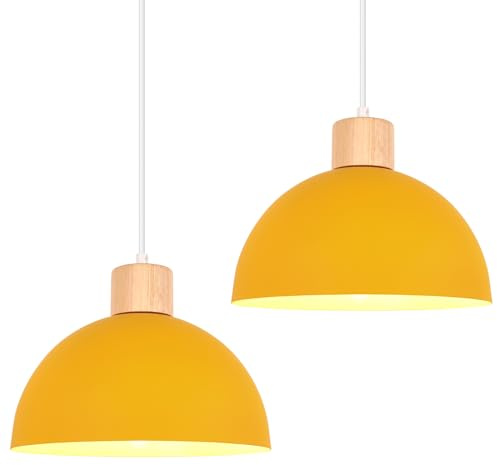 iDEGU 2 Stück Hängelampen Retro E27 LED Hängeleuchte Moderne Skandinavisch Deckenleuchte aus Metall Holz Pendelleuchte für Schlafzimmer Esszimmer Küche Restaurant (25cm, Gelb, 2 Lampen)