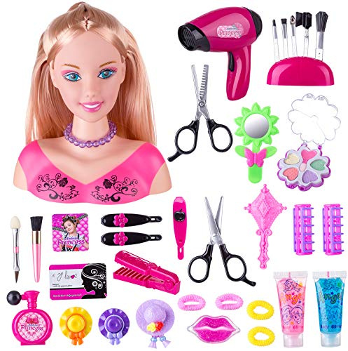 WANENGEDIY 5850 - Kit de coiffeur pour enfants - Tête de poupée avec sèche-cheveux - Tête à coiffer pour poupées de princesse - Accessoires pour cheveux et jouets de maquillage pour filles à partir de