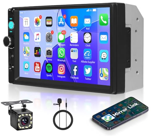 VECHTEL Autoradio 2 Din con Schermo Tattile, 7 Pollici Stereo Radio Bluetooth, Radio FM, supporto Mirror Link, USB/AUX, Comandi al Volante, Telecamera Posteriore, Microfono
