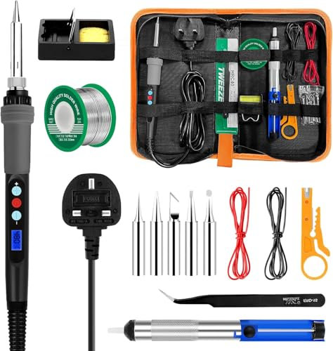 Soldering Iron Kit 90W LCD Adjustable Temperature 180-480°C, 16 in 1 Welding Tools with Switch 5 Soldering Tips, Desoldering Pump, Wire Stripper Cutter, Stand, Tweezer