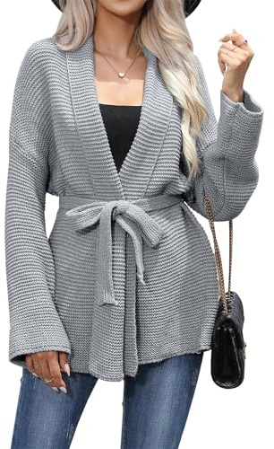 JFAN Cárdigan Mujer Largo Cárdigan Punto Mujer Manga Larga Suéter Informal de Cuello en V con Cinturón Cómodo Cálido Elegante Gris S