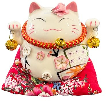 KAJILE Adorno del Gato de la Suerte,Decoración de Cerámica Maneki Neko,Figurita de Gato de la Suerte para el Hogar,la Oficina y para Regalar,Blanco y Rojo,Longitud 12cm,Anchura 11cm,Altura 10cm