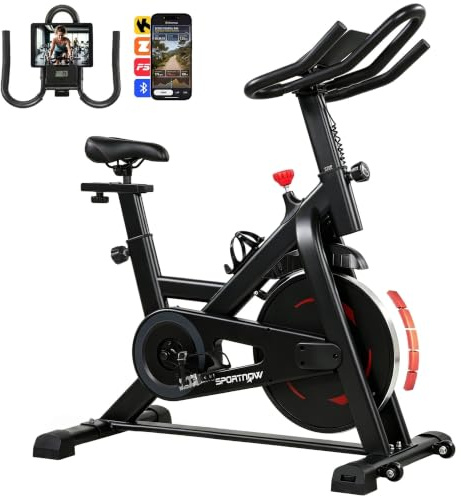SPORTNOW Vélo d'Appartement avec Résistance Réglable, Velo d Appartement Silencieux, APP Connectez via Bluetooth, Écran LCD, Siège et Guidon Réglables, Support pour Téléphone, Charge 120 kg, Noir | Velo d Appartement Silencieux, Siège et Guidon Réglables, Support pour Téléphone, Charge 120 kg