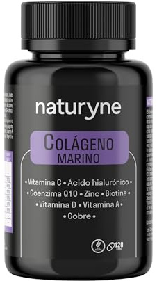 Naturyne - Colágeno Marino con Ácido Hialurónico y Vitamina C 120 Cápsulas - Colágeno Hidrolizado Marino con Biotina, Zinc, Coenzima Q10, Vitaminas A y D - Cabello, Piel y Uñas