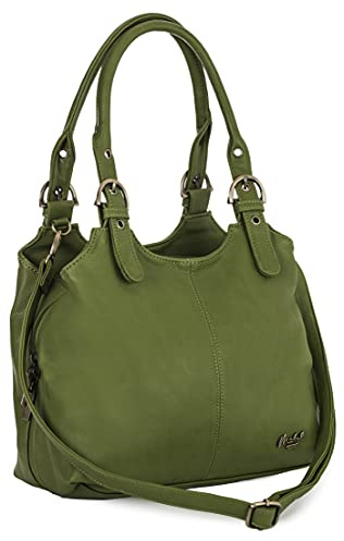 Mabel London Womens Multiple Pockets Handbag - Medium Size Multi Compartments Bag with a Long Shoulder Strap - AMELIA (Olive Green)