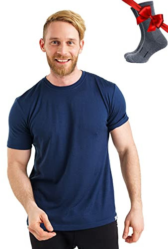 Merino.tech Merino Wool T Shirt Mens - Merino Wool Base Layer Men Undershirt Lightweight + Hiking Socks (Large, Navy)