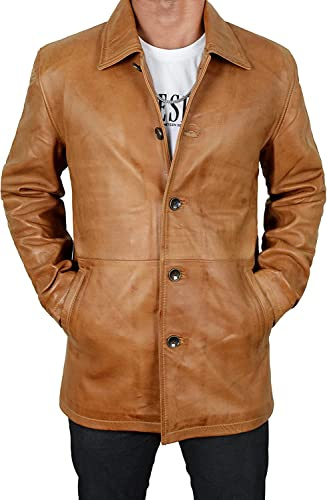 Blazer de cuero auténtico negro para hombre – Chaqueta de moto corta clásica – Abrigo de cuero auténtico para hombre, Marrón - Abrigo corto de cuero, M