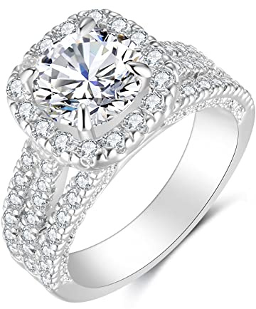 CEJUG Cubic Zirconia Halo Promise Engagement Rings for Women 18K White Gold Plated Wedding Bands Bridal Ring Set 2Ct Size 7