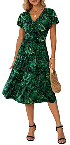 GRECERELLE Womens Summer Wrap Dress Ladies Casual Ruffle Short Sleeve V-Neck Floral Beach Dresses for Women (Fp Green Leaf, L)