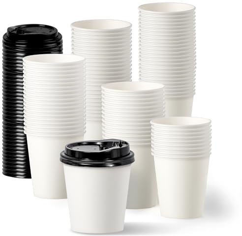 Fit Meal Prep 100 Pack 4 oz Disposable Coffee Cups with Lids, Premium To Go Paper Cups, Leak Proof Hot Coffee Cups with Lids for Travel, Office, Hot/Cold Beverages (Black Lids)