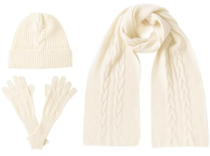 Villand Women's 3 Piece 100% Pure Cashmere Scarf Hat & Gloves Set, Cable Knitted Winter Set with Gift Box (White)