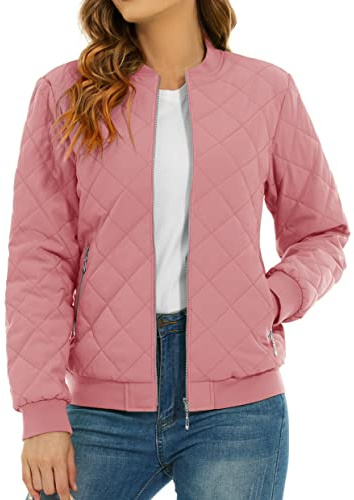TACVASEN Bomber Jacket for Women Workout Baseball Jackets Casual College Jacket Quilted Padded Jacket Thermal Coat,Grey Pink,L