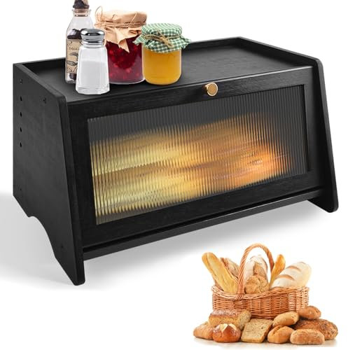 JIABEIUS Black Bread Bin, 39.7 × 24.2 × 19.8 Bamboo Bread Box for Kitchen Bread Storage, Bread Bins for Kitchen Multifunctional Storage