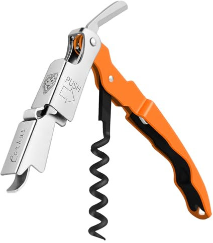 CORKAS Tire Bouchon Professionnel, Couteau de Sommelier, qualité hôtel et Restaurant, Couteau de Serveur avec Décapsuleur et Coupe-Capsule, Ouvre Bouteille en Acier Inoxydable (Orange)