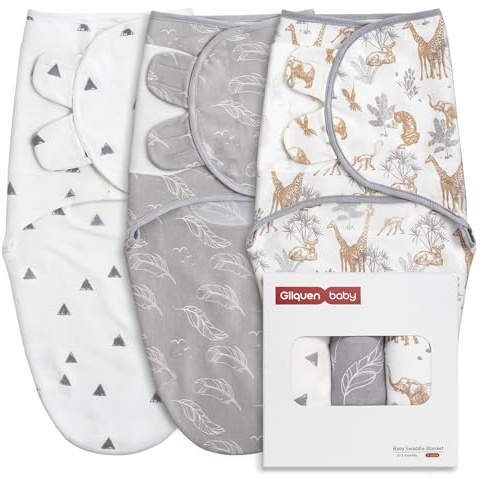 GLLQUEN BABY Baby lindningsomslag för 0-3 månader nyfödda, Oeko-tex100, 100% andningsbar organisk bomullstyg swadding filtar, 3-pack (Jungle Exploration)