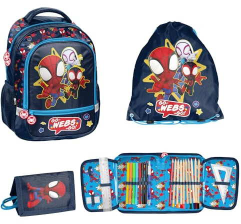 PASO 4-teiliges Schulset: Schulrucksack + Turnbeutel + befüllte Federmappe + Portemonnaie - Spidey