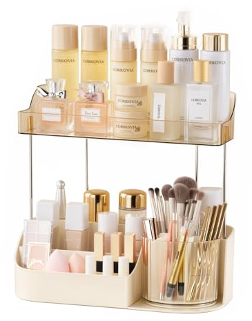 Corkovia Organizer per Cosmetici 2 livelli,Porta-Trucchi Organizzatore con Rotazione a 360°,Organizer Multifunzionale per Make-up,Pennelli,Rossetto e Crema,Ideale per Toeletta,Bagno e Scrivania,Crema