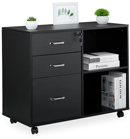 Relaxdays rullcontainer, 3 lådor, 2 fack, hängmappar, svart