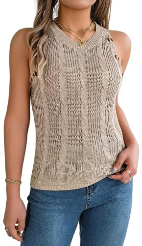 LCDIUDIU Camisetas De Tirantes De Crochet para Mujer, Blancas, Sin Mangas, Cuello En V, Punto Trenzado, Botones, Chaleco Elástico, Verano, Elegante, Ajustado, Chaleco, Suéter, Camisa Corta