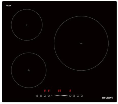 Hyundai Placa de Inducción Cristal negro HI3601S. Potencia máx. 6680 W, 3 Zonas de Cocción, 9 Niveles de Cocción, Control Slider táctil, Bloqueo y Autodesconexión de Seguridad