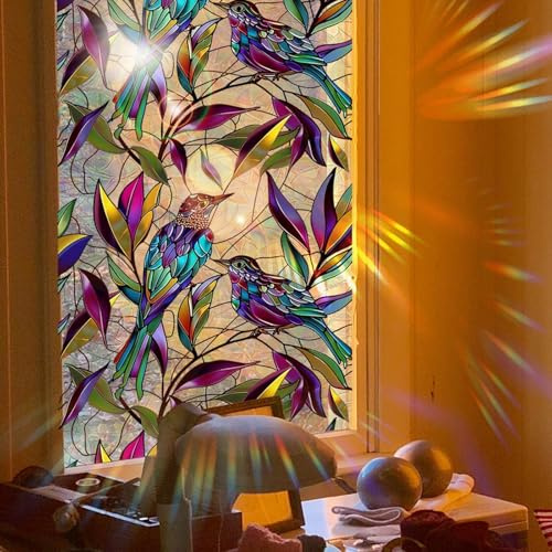 Double Sided Privacy Window Film With Colorful Birds And Leaf Pattern, Static Cling PVC For Home, Office, And Educational Settings Window Decoration