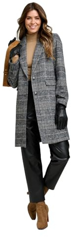 Chums Ladies Two Button Wool Look Check Design Coat Stylish Fully Lined Winter Overcoat with Front Pockets Classic Collar & Rever Black & White 14