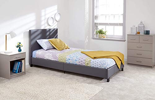GFW Faux Leather Bed Frame With Padded Headboard H Stitch Design, Single, Grey