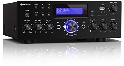 auna AMP-5 BT - Amplificateur HiFi, Bluetooth, Sortie: 2 x 50 W RMS, USB/SD, entrée AUX, entrée DVD, entrée CD, 2 x Prises Micro, Sortie enregistreur, écran LED, télécommande, Noir