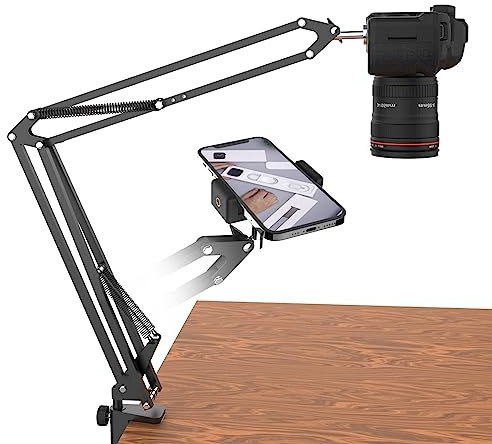 Overhead Tripod For DSLR Cameras, Heavy Duty Camera Desk Mount Stand with Flexible Articulating Boom Arm, Camera Holder Table Clamp for Canon Nikon Sony Fuji SLR Mirrorless Cam Video Photography