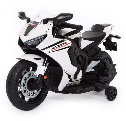 BabyCar Moto Elettrica Bambini Honda CBR 12V | Moto Elettrica Bambini 3-5 Anni con Luci, Suoni e Rotelle Stabilizzatrici | Batteria 12V 3,5Ah, Motore 30W e Acceleratore a Pedale | Bianco