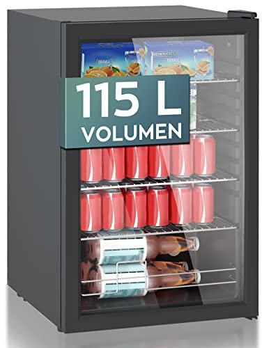 Heinrich´s Getränkekühlschrank, 5 bis18°C, 115Liter/4 Ablagen/41db Mini Kühlschrank mit Glastür kompakt und leise: 41dB, LED-Innenraumbeleuchtung, perfekt geeignet für Büro Camping Garten