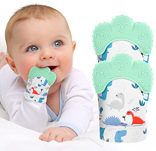 Vicloon Baby Beißhandschuhe,2 Stück Handschuhe Beißring Spielzeug,BPA Frei,Beruhigen Sie wundes Zahnfleisch, Stimulierung Zahnen Handschuhe für 0-6 Monate Baby-Grüner Dinosaurier