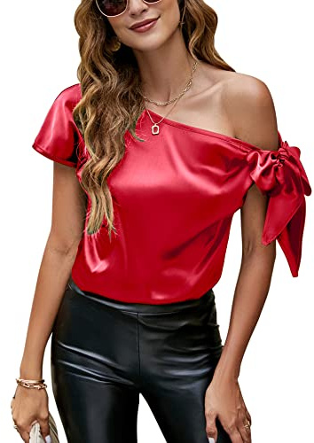 VIDUSSA Satin Chemisiers Blouses Femme Épaule décolletée Chemise Chic Élégante Casual Soie Shirts Tops Hauts Rouge XXL