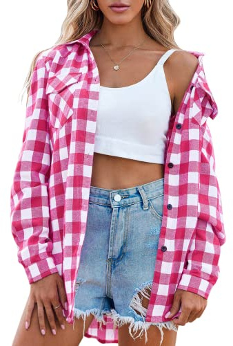 Zeagoo Cute Top Women Flannel Shirts Plaid Long Sleeve Button Down Blouse