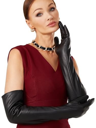 VIKIDEER Guanti lunghi in pelle da donna, foderati in peluche, guanti di lusso per touch screen, guanti di lusso per costume da opera d'arte da sera, 50 cm, Nero 60 cm, Small