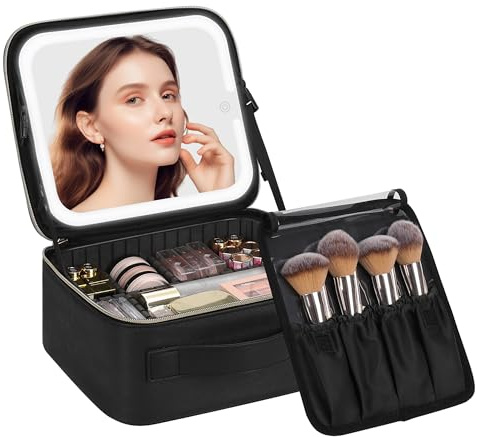 Chomeiu Makeup Bag with LED Mirror, Travel Makeup Case for Women and Makeup Artists Cosmetic Organizer Large Make Up Bags with Light Up Mirror, 3 Color Lights, Adjustable Dividers and Brush Holder