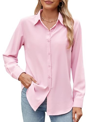 GliAnTok Camisa de manga larga con botones para mujer, ultrasuave, elástica, sin arrugas, para el trabajo, informal, para negocios, oficina, Rosa claro, XXL