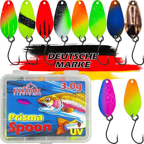 Paradox Fishing Set di 10 cucchiaini per trota da 3,0 g con scatola per cucchiaini e 5 snap | Set di esche per la pesca alla trota, pasta per trote - Cucchiaini per trota