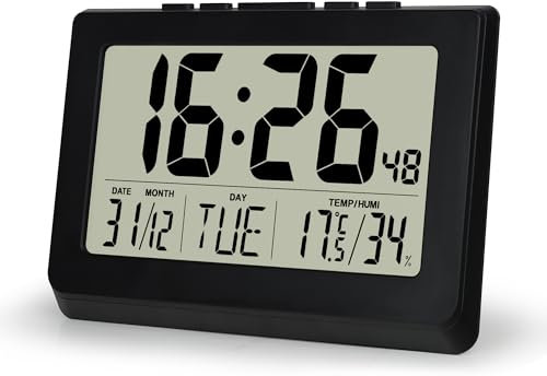 Lafocuse 10 Horloge Murale Numérique de Bureau, LCD Grande Chiffre Horloge Digitale à Piles avec Température, Humidité, Date, Alarmes, Snooze, 12/24H, Pendule Murale pour Salon Chambre Bureau, Noir