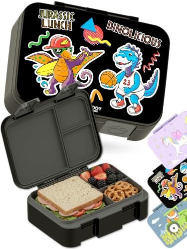 BEARFOOT Kompakt lunchlåda, lunchlåda för barn, bentolåda, BPA-fri, skolmatlåda med fack, lätt och lufttät för barn och flickor (svart dinosaurie, 650 ml)