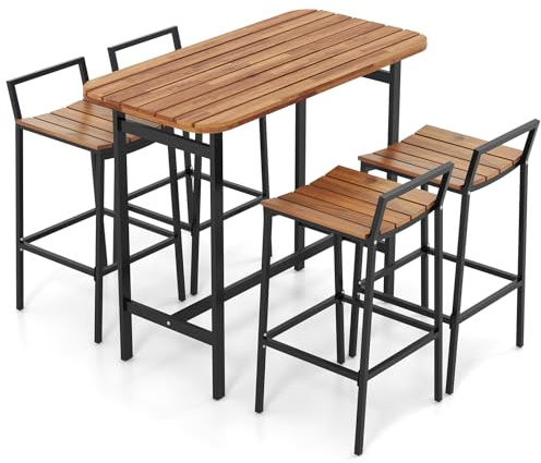 COSTWAY 5 Piece Outdoor Bar Table Set, Acacia Wood Patio Dining Table and Stools with Backrest & Footrest, Garden Furniture Pub Bistro Set for Balcony Yard Poolside