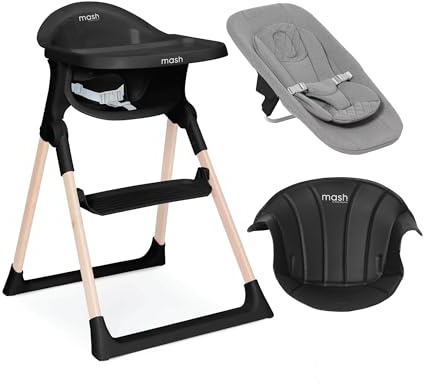 Mash High Chair Bundle by Baby Elegance | Includes Newborn Seat (0-6 Months), Toddler Seat (6+ Months) & Black Cushion | Adjustable Black High Chair for Babies & Toddlers