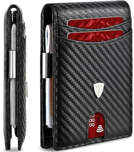 Tomylv Mens Wallets Slim RFID Blocking, Carbon Fiber Wallet with 12 Credit Card Holder, Strong Money Clip & ID Window Minimalist Bi-Fold Wallets for Men UK with Gift Box - Black